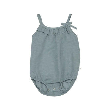 Blue Gray Organicera Hemp Frilled Romper with cute ruffled neckline for babies