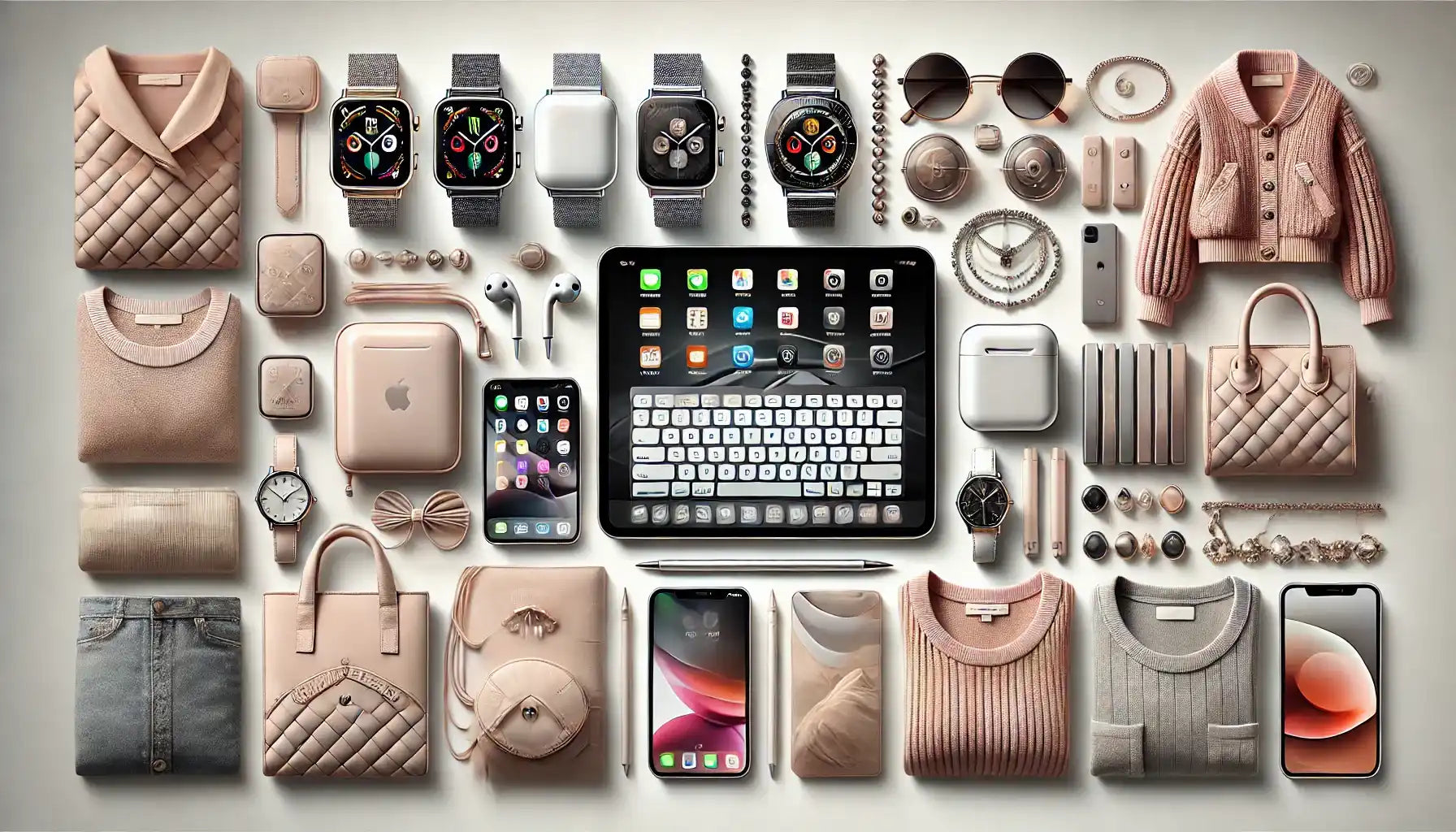 Organized collection of tech and fashion accessories.