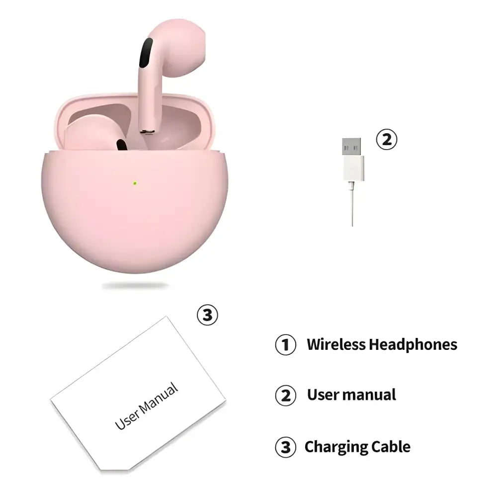 Pink Original Air Pro 6 wireless earbuds with charging case, cable, and manual