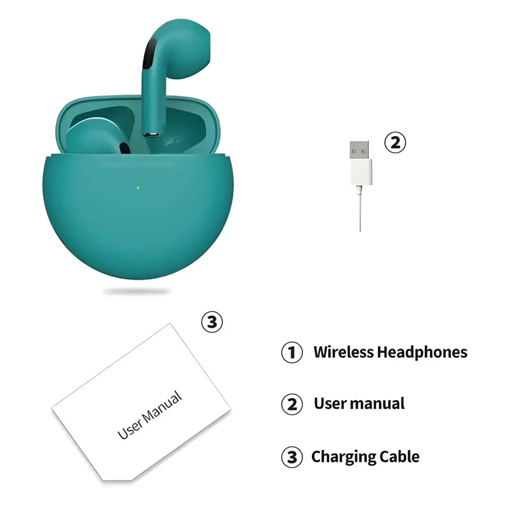 Teal Original Air Pro 6 TWS Wireless Bluetooth Buds with charging case and manual