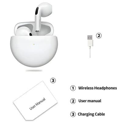 White Original Air Pro 6 TWS Wireless Bluetooth earbuds with charging case and accessories