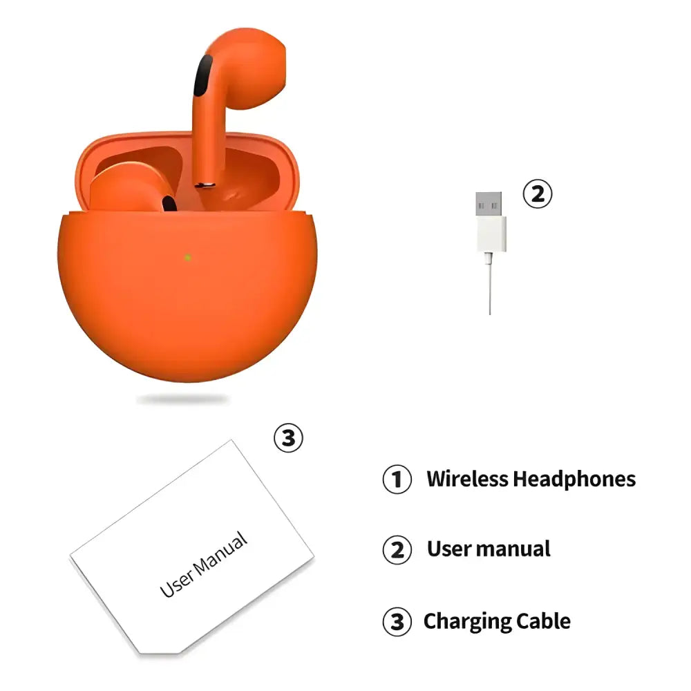 Orange Original Air Pro 6 TWS Wireless Bluetooth Buds, case, cable, and manual included