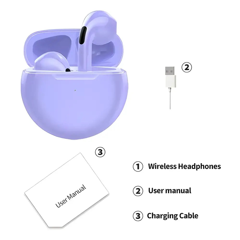 Lavender Original Air Pro 6 TWS Wireless Bluetooth Buds with charging case and manual