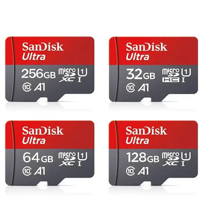 Four SanDisk Ultra microSD cards showcasing the Original SanDisk Memory Card 256GB