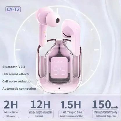 Pink Original T2 Wireless Bluetooth Earbuds in a clear charging case