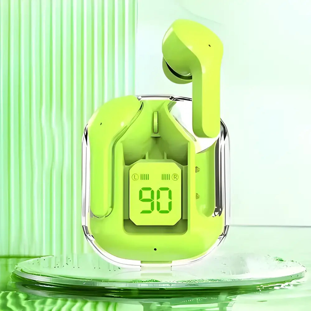 Green Original T2 Wireless Bluetooth earbuds in a clear charging case