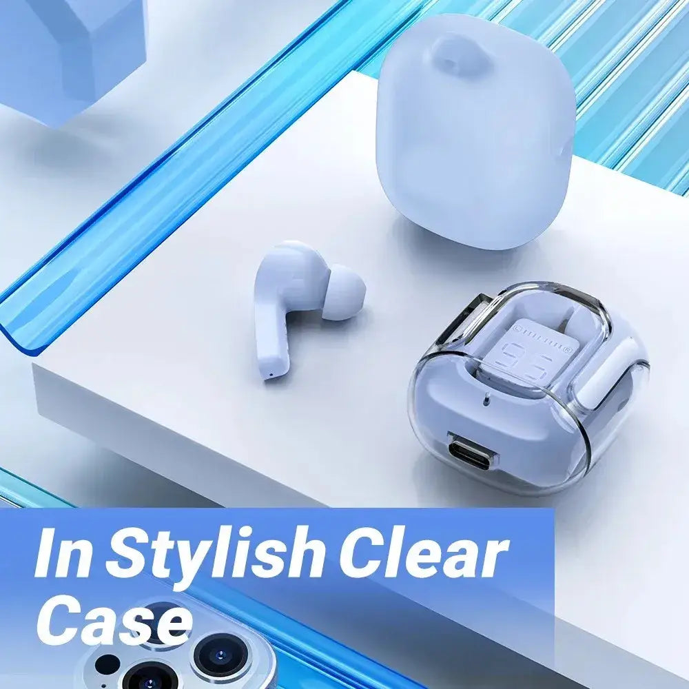 Original T2 Wireless Bluetooth Earbuds with charging case and transparent design