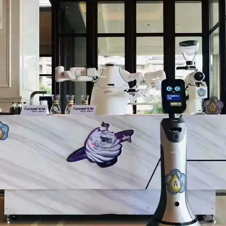 Robotic beverage station at Orionstar Dual-Arm Robot serving coffee with style