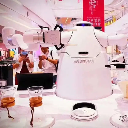 White Orionstar robot serving coffee in Orionstar Dual-Arm Robot product display