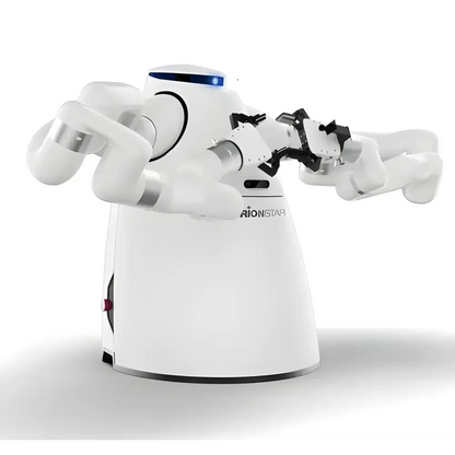 White robotic arm system in Orionstar Dual-Arm Robot serving coffee in style