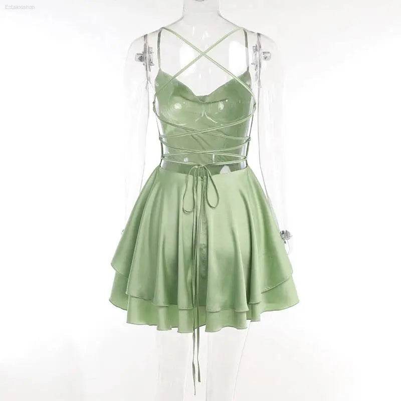 Outfitgirl Fashion Sexy Sling Open Back Tied Short Dress - Estalios