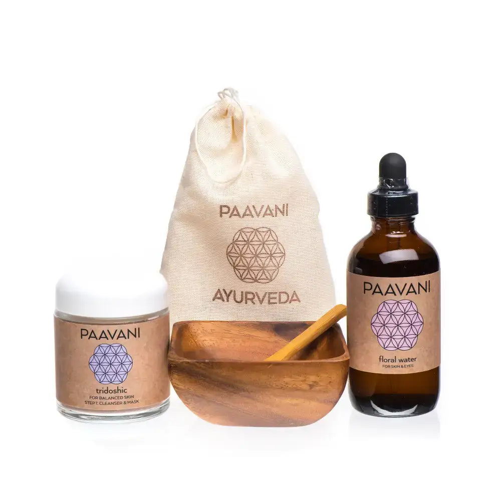 Ayurvedic skincare set featuring Paavani Mask Ritual Kit and compostable refills