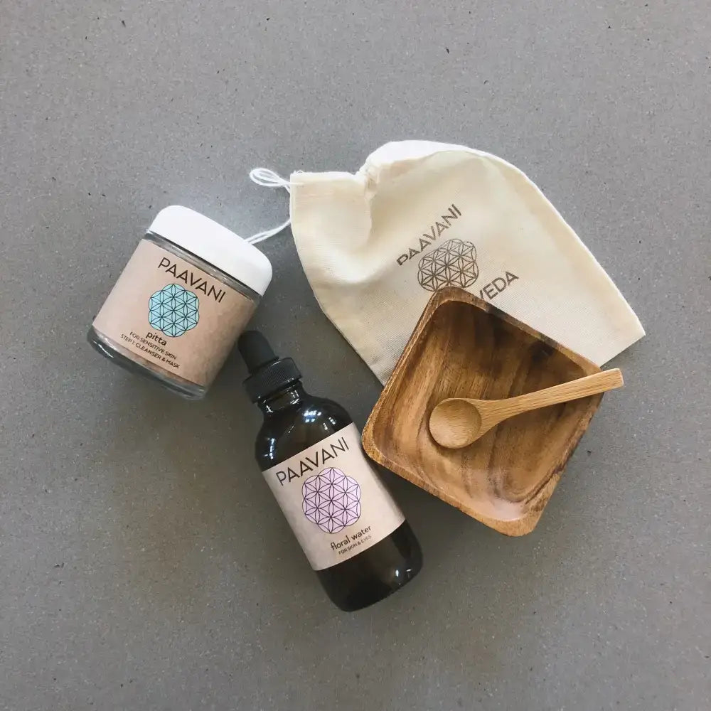 Ayurvedic skincare set featuring Paavani Mask Ritual Kit with compostable refills and floral water