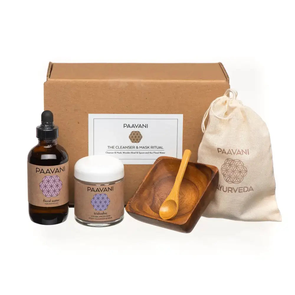 Skincare set featuring Paavani Mask Ritual Kit with compostable refills and floral water