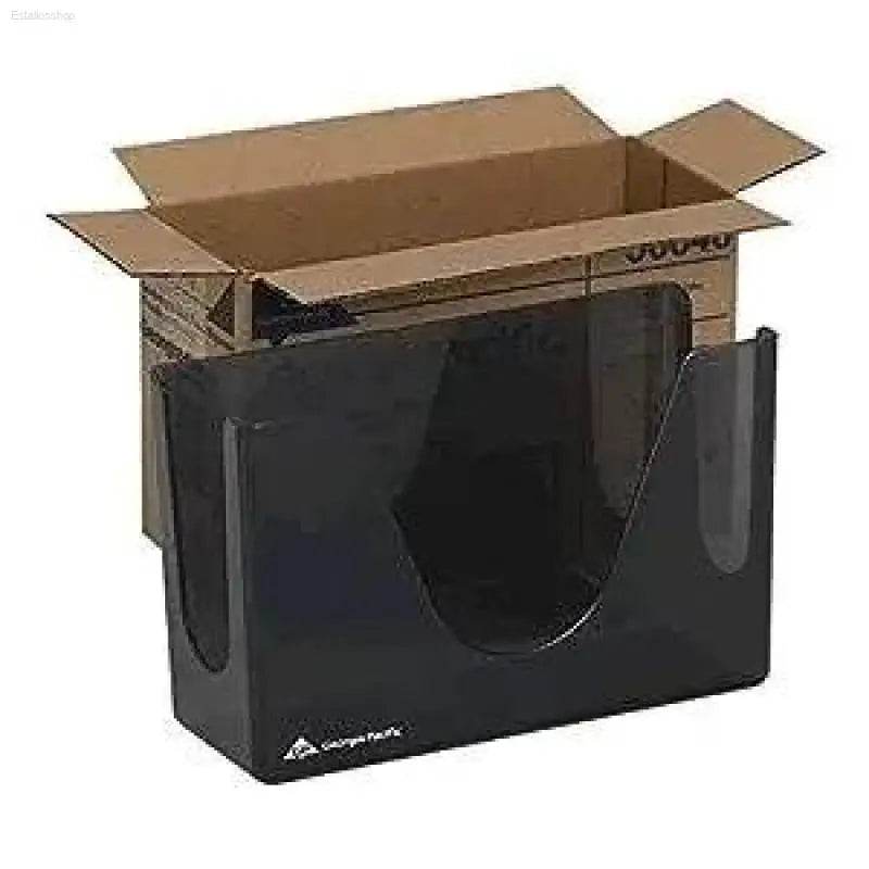 Black napkin dispenser with cardboard box.
