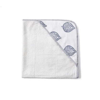 White hooded baby towel with blue paisley trim for cozy towel fort fun