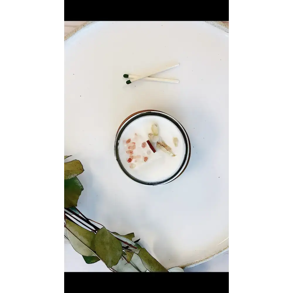 Palo Santo Space Clearing Candle Shelf Set with crystals and matches for positive vibes