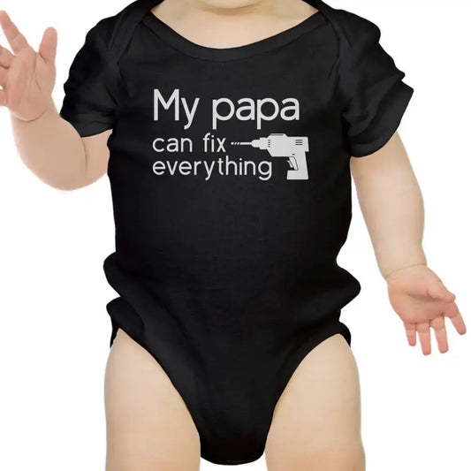 Black baby onesie with My Papa Can Fix Everything text and drill graphic for adorable style