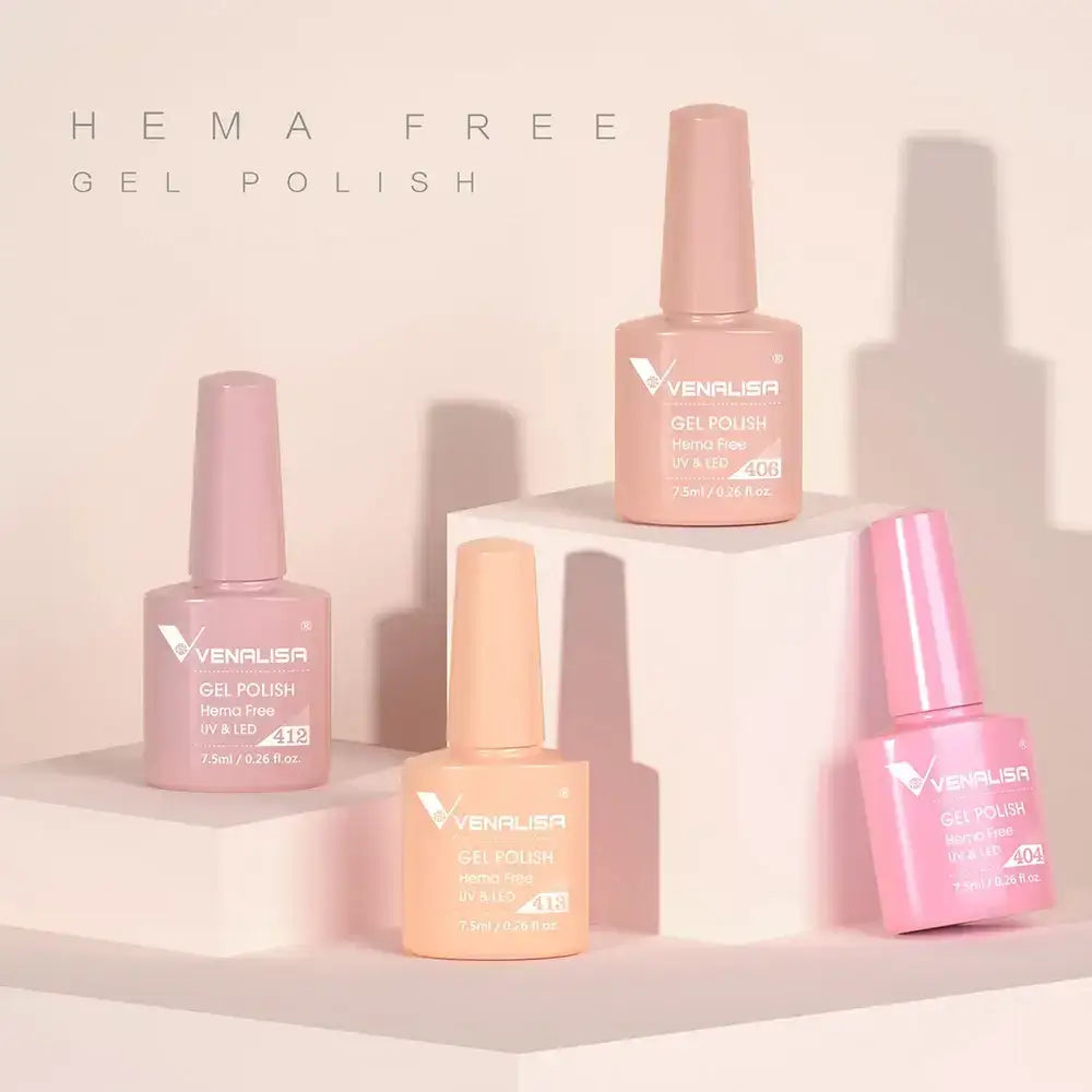 Four pastel HEMA free gel polishes in stylish bottles for a chic nail look