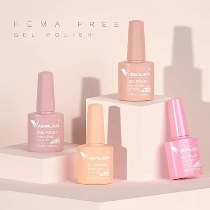 Four pastel HEMA free gel polishes in stylish bottles for a chic nail look