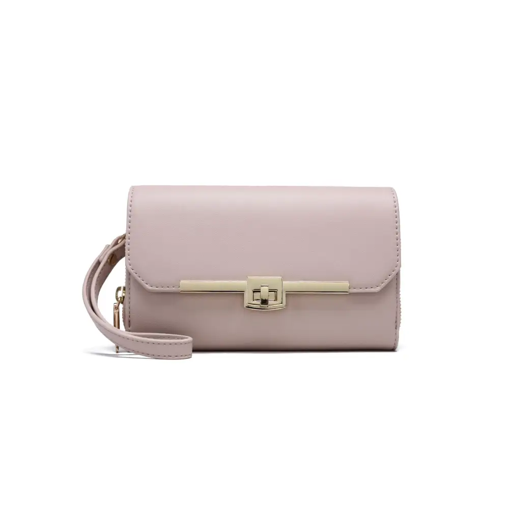 Pale pink rectangular clutch with gold hardware perfect for the Patty-Pink Petite style