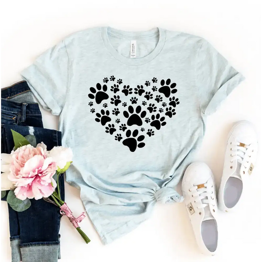 Light blue t-shirt with paw print heart in Heather Ice Blue style for pet lovers