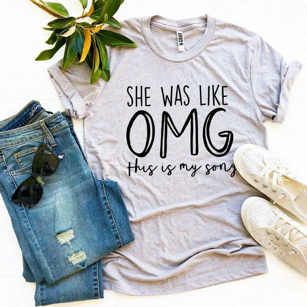 Gray t-shirt with fun OMG song text from Peachy Keen & Gray Tees Heather Gray Sold