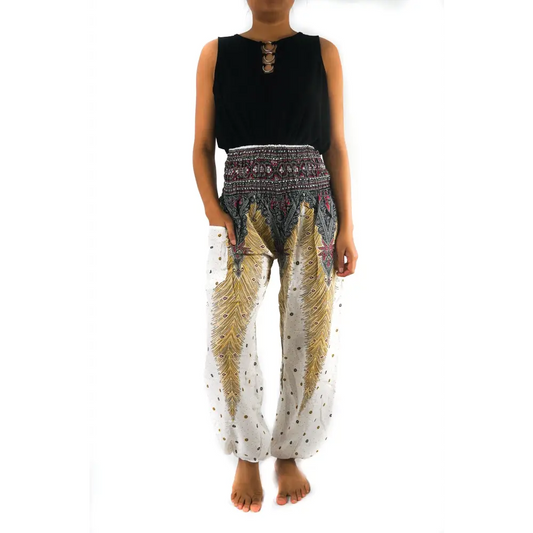 Woman in a black top and Peacock Women Boho Harem Pants with a fun pattern