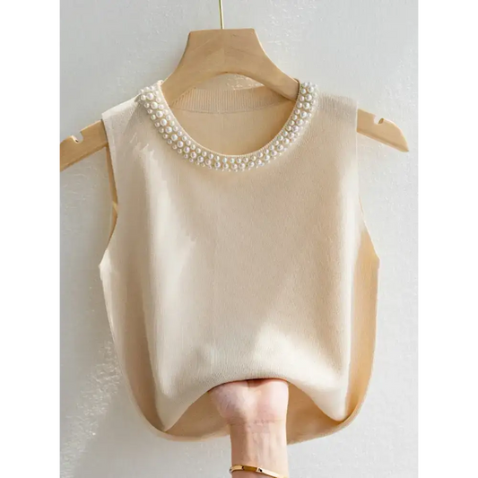 Pearl Glam Knit Vest Korea - Beige / One Size