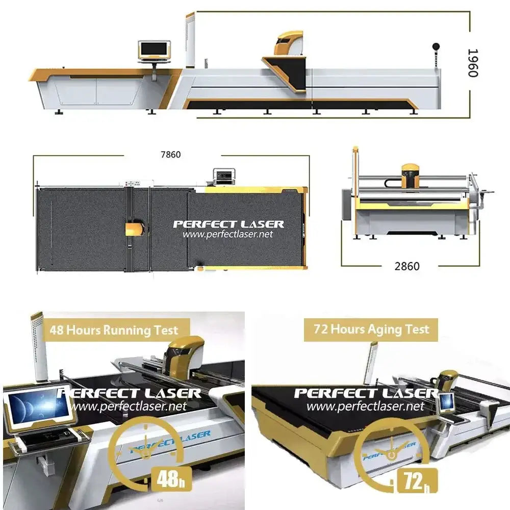 Laser Automatic Fabric CNC Cutter with dimensions and testing info for precision cutting