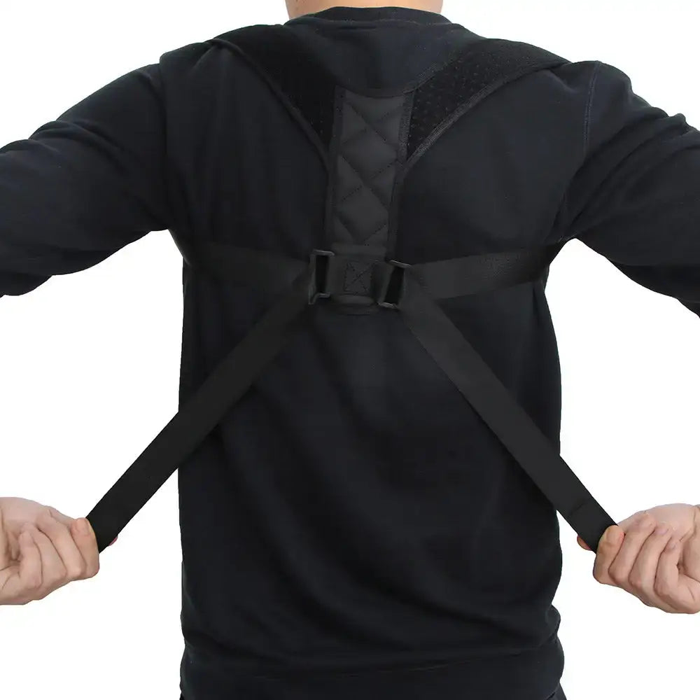 Black Perfect Posture Strap Corrector demo showcasing an adjustable strap posture solution