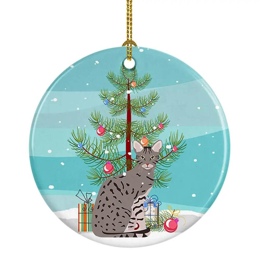 Purrfect Christmas Ornament! Add a touch of feline festivity to your holiday decor with this charming Round White Ceramic Ornament. Featuring an adorable cat gazing - Estalios