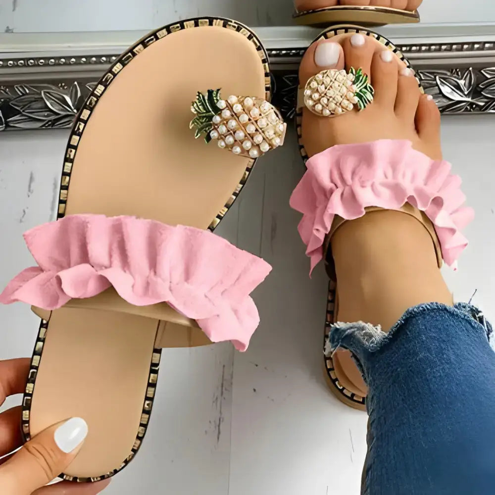 Pink ruffled pineapple sandals perfect for your Pineapple Pearl Beach adventures