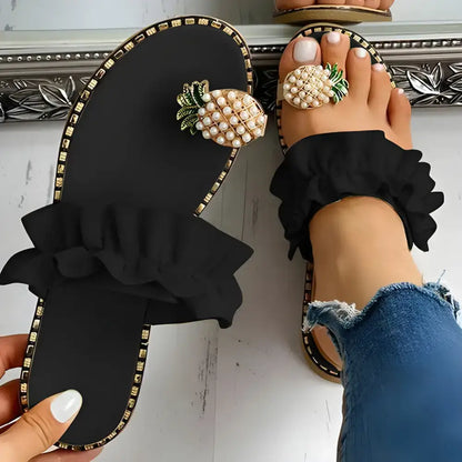 Black Ruffled Pineapple Sandals perfect for Pineapple Pearl Beach Army Green vibes