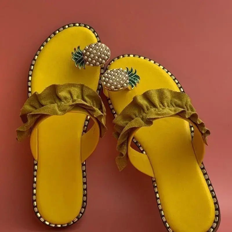 Stylish Yellow Pineapple Pearl Beach Army Green Ruffled Slides for fun summer vibes