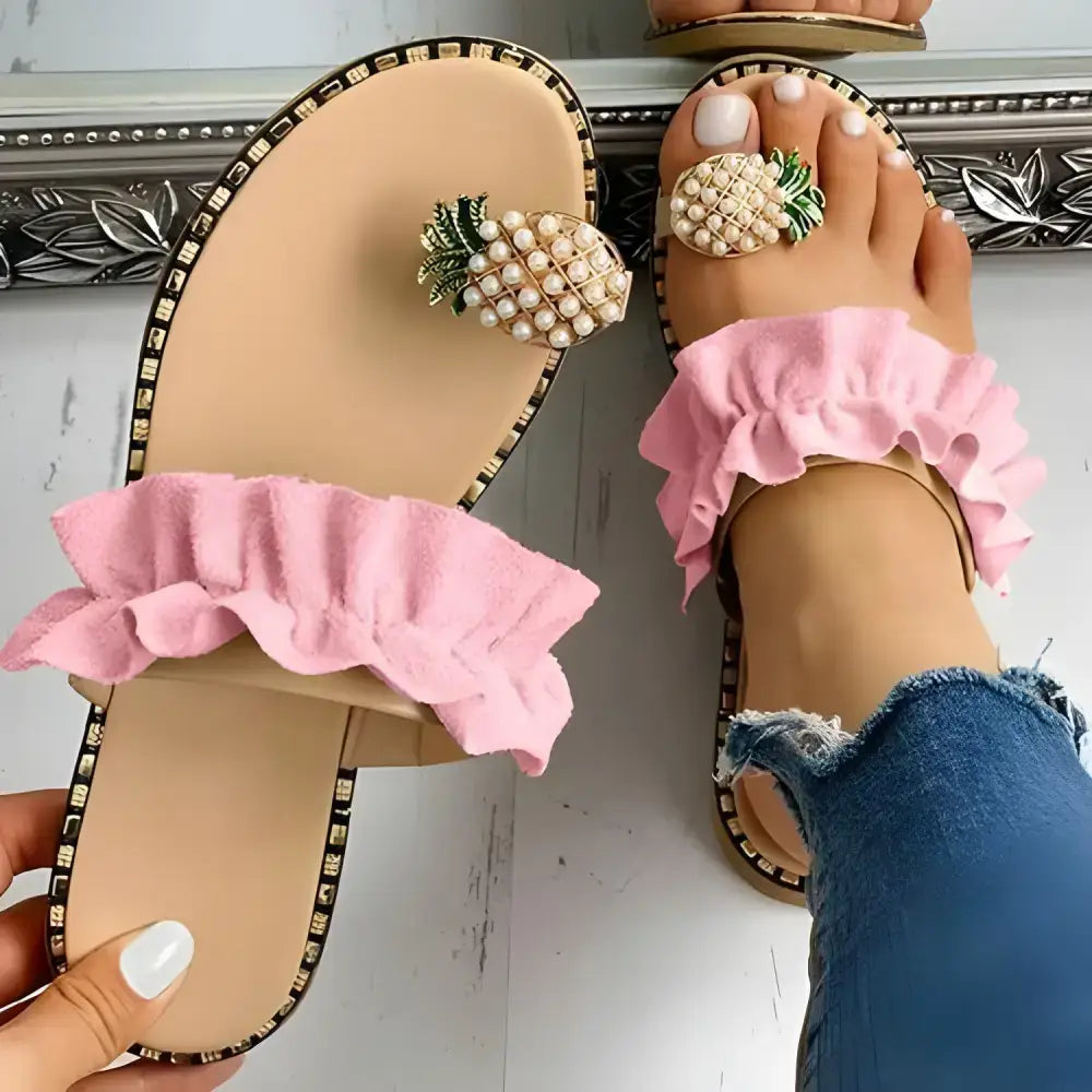 Pink ruffled pineapple sandals perfect for your Pineapple Pearl Beach vibes