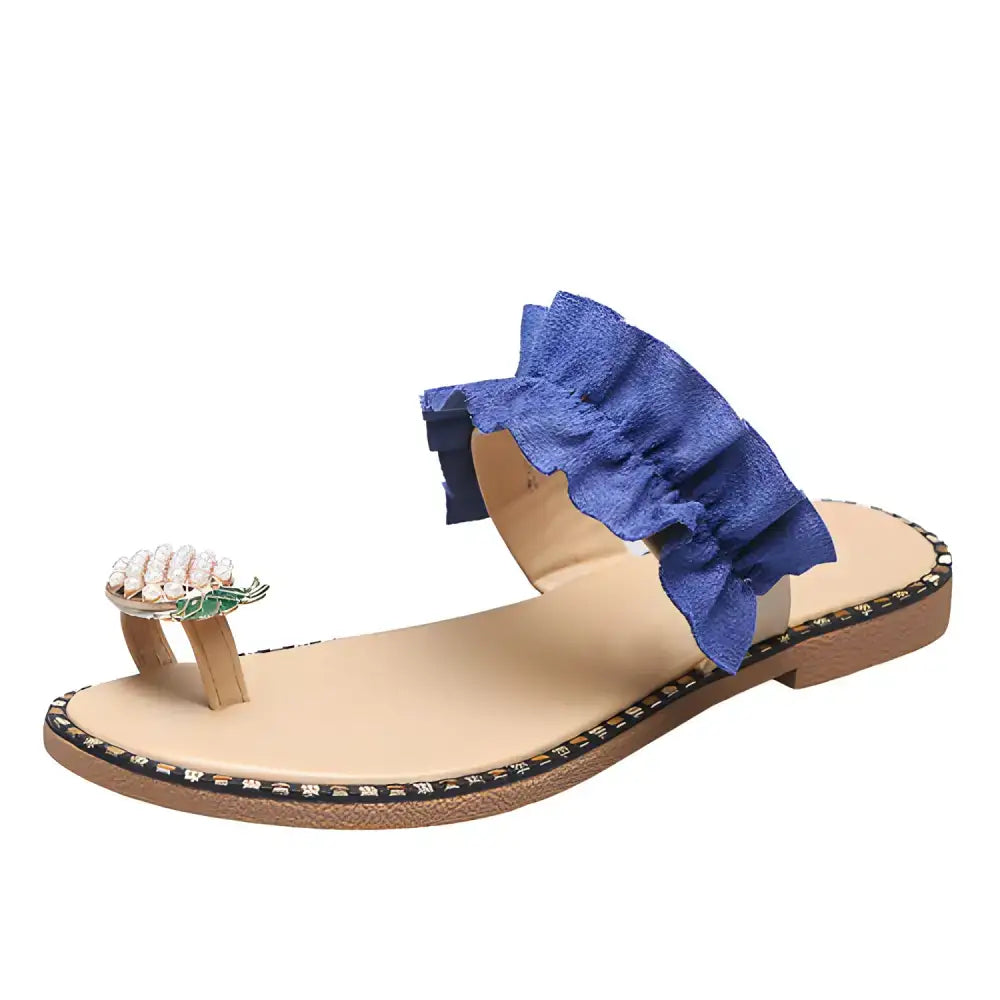 Blue ruffled toe-ring sandal from Pineapple Pearl Beach Army Green Ruffled Slides