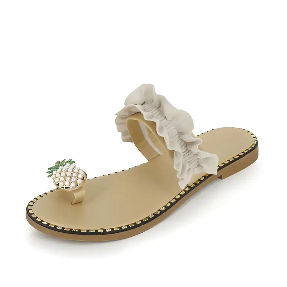 Beige Ruffled Strap Sandal with Pineapple Toe for Pineapple Pearl Beach Army Green Slides