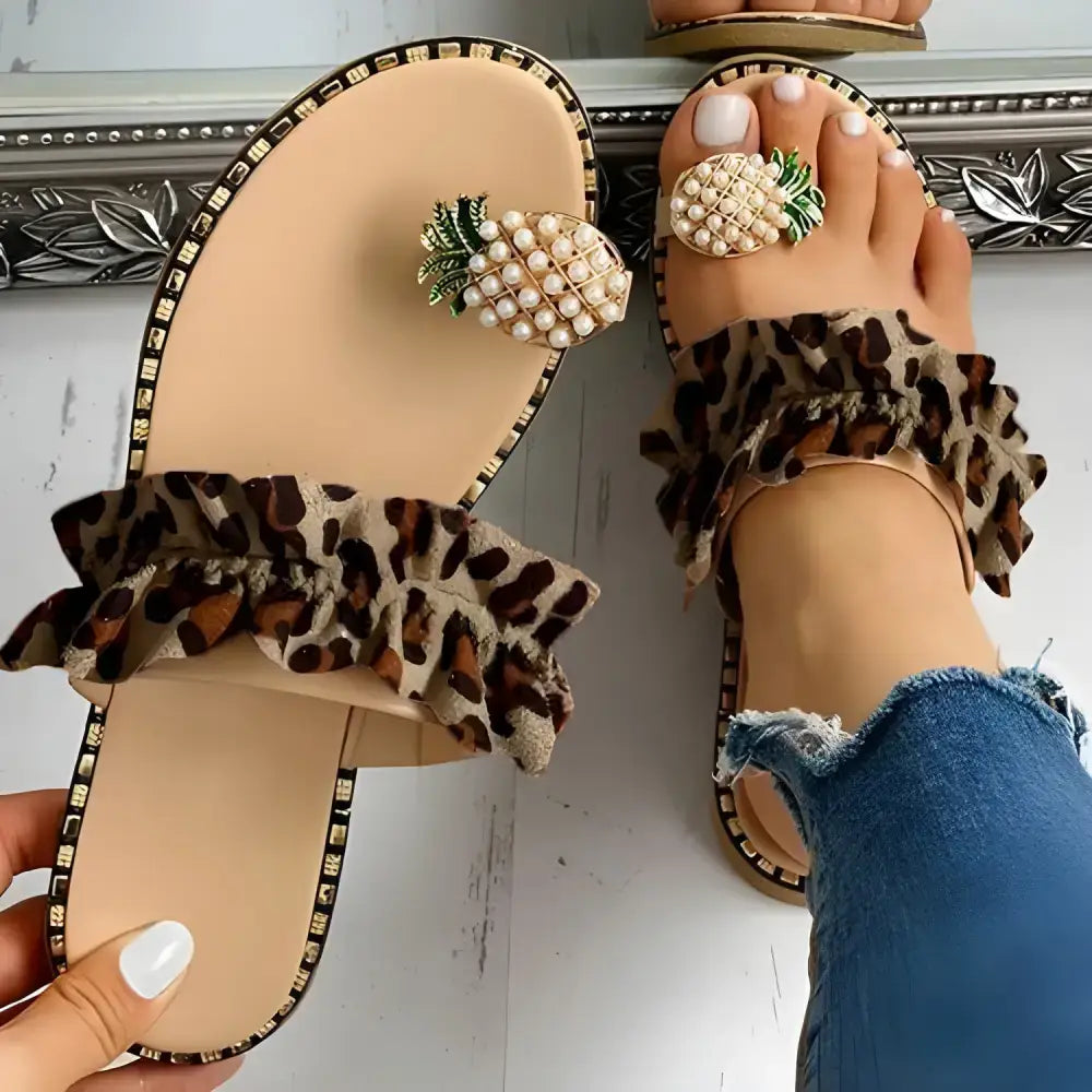 Leopard print ruffle sandals from Pineapple Pearl Beach for a stylish summer vibe