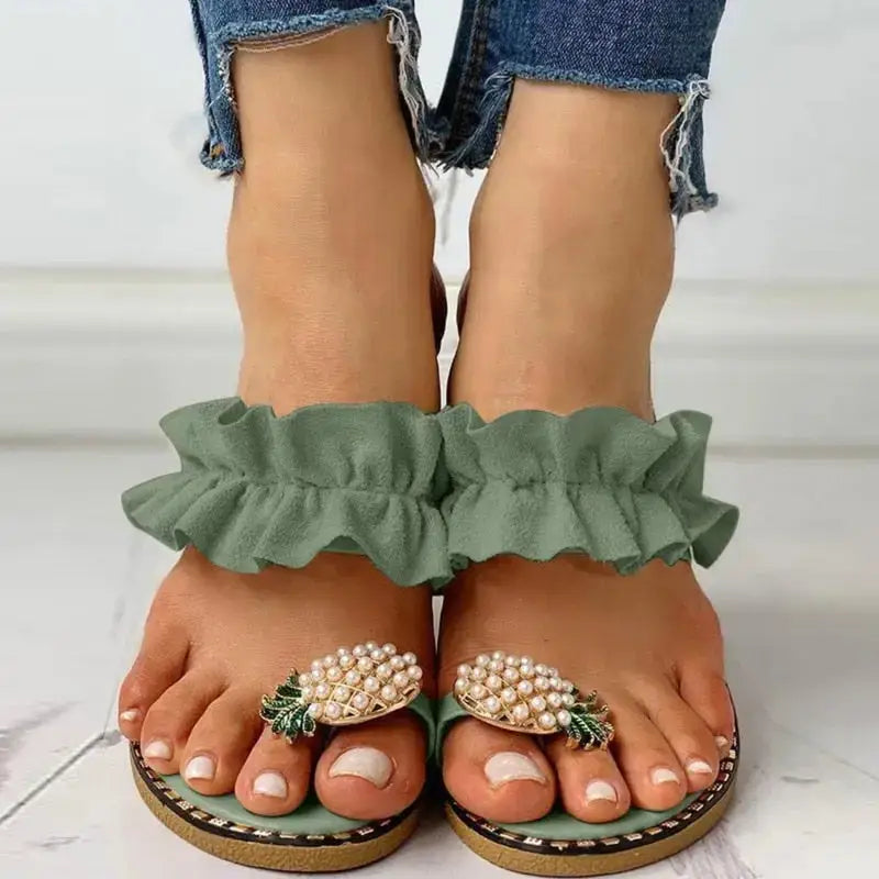 Green toe-ring sandals with ruffled straps from Pineapple Pearl Beach in army green