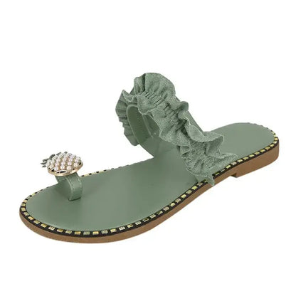 Green Ruffled Toe-Ring Sandal, perfect for Pineapple Pearl Beach fun in army green style