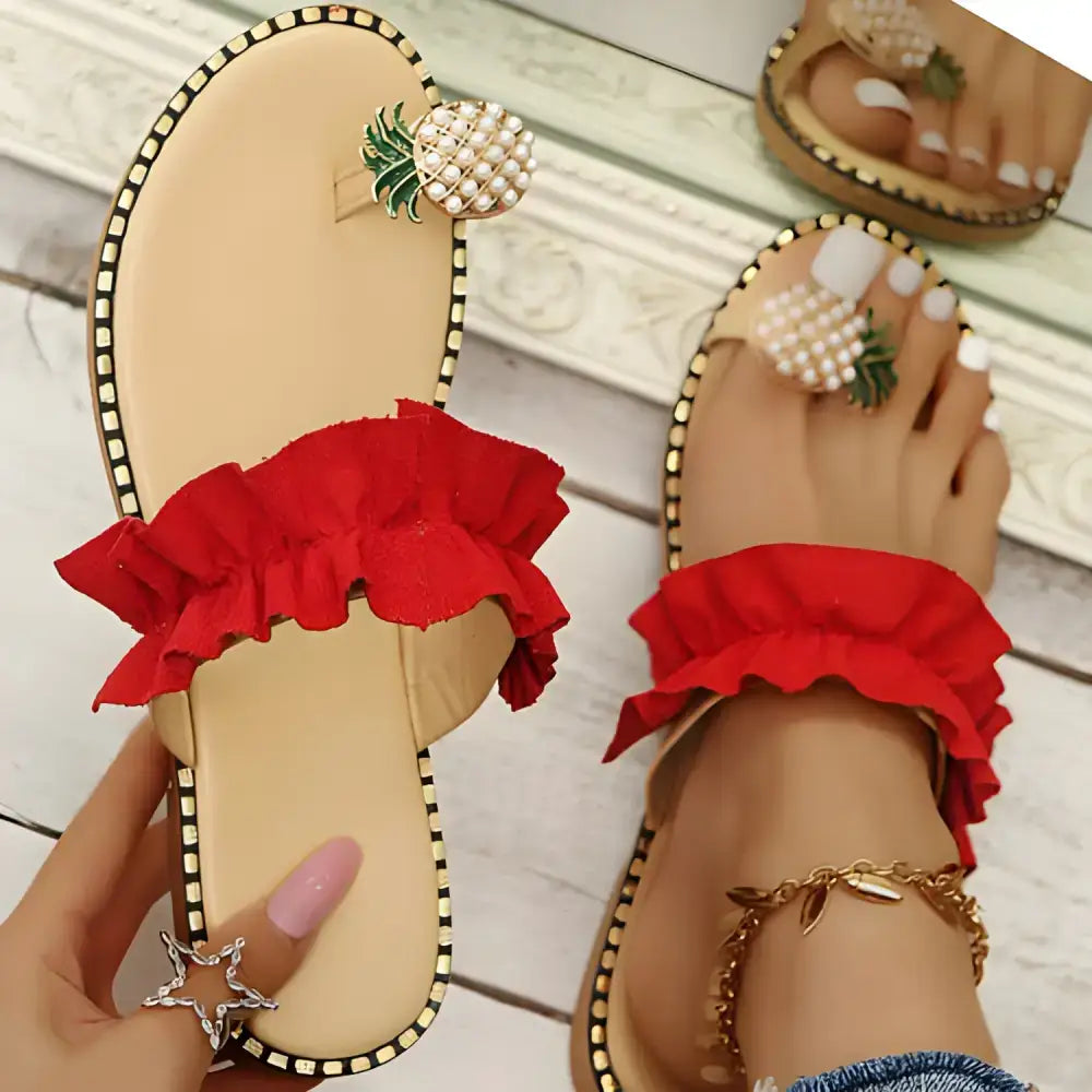 Red ruffled pineapple sandals from the Pineapple Pearl Beach Army Green Ruffled Slides