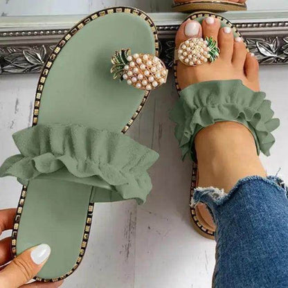 Pineapple Pearl Beach Slides with Ruffled Straps for Fun - Estalios
