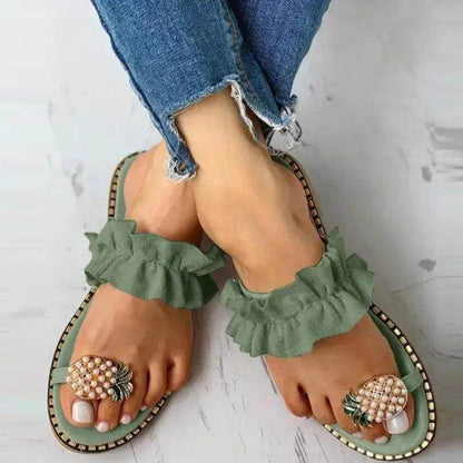 Pineapple Pearl Beach Slides with Ruffled Straps for Fun - Estalios