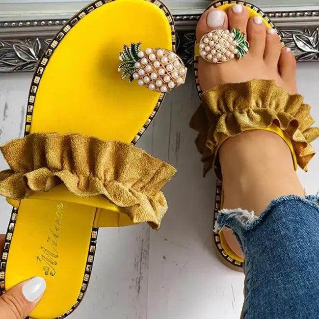 Chic Pineapple Pearl Sandals with Ruffled Straps in Beige - Estalios