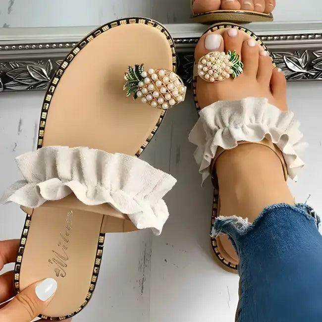 Chic Pineapple Pearl Sandals with Ruffled Straps in Beige - Estalios