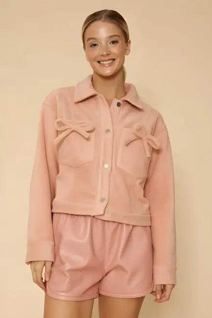 Vibrant Pink Corduroy Jacket with Flirty Bow Details - Estalios