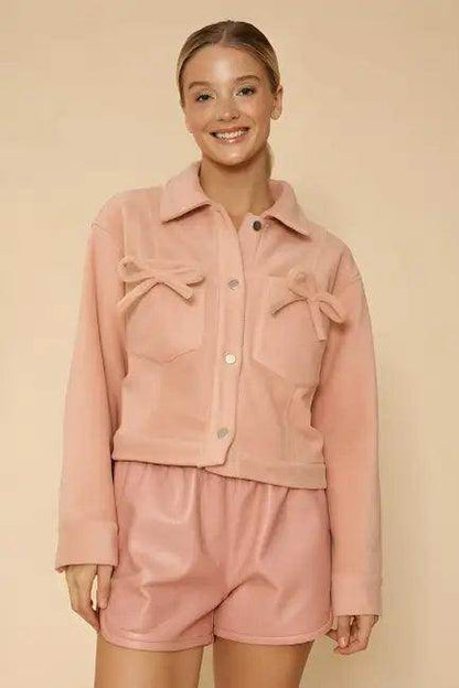 Vibrant Pink Corduroy Jacket with Flirty Bow Details - Estalios