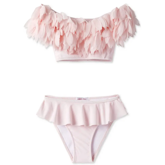 Pink Draped Bikini Bombshell features a cute pink draped bikini with feather embellishments