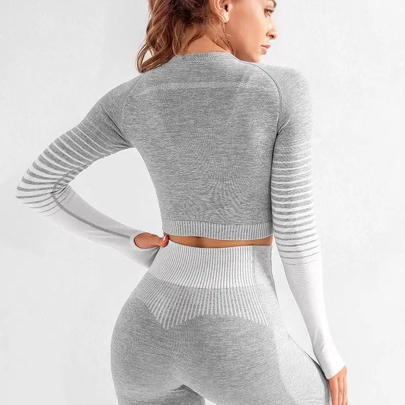 Gray and white athletic crop top and leggings from the Pink & Gray 2Pcs Set Selfie Ready